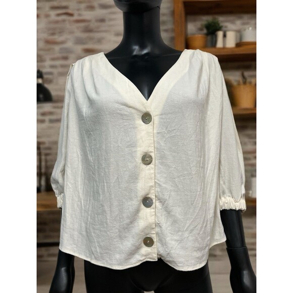 NWOT TRF ZARA Blouse Sz XSmall‎ Linen Blend Puff Sleeve Iridescent Shell Buttons - Picture 3 of 9